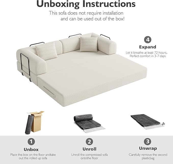 79in Convertible Sofa Bed, Corduroy Boneless Couch Bed, Futon Sleeper Sofa Pull Out Bed, Foldable Couch for Living Room Apartment, No Assembly Required