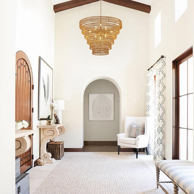 31.5” Large Boho Rattan Chandelier Light Fixture, 12-Light Golden Hand Woven Chandeliers 6-Tier Vintage Farmhouse Wicker Gold Chandelier for Dining Room, Kitchen, Bedroom, Living Room, Foyer