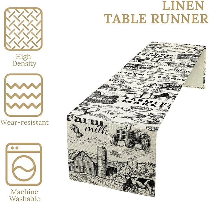 Vintage Tractor Milk Farm Table Runner Retro Western Country Farmhouse Animal Food Chicken Pumpkin Cow House Fall Kitchen Dining Table Decoration for Living Room Holiday Outdoor Home Party 13x60in