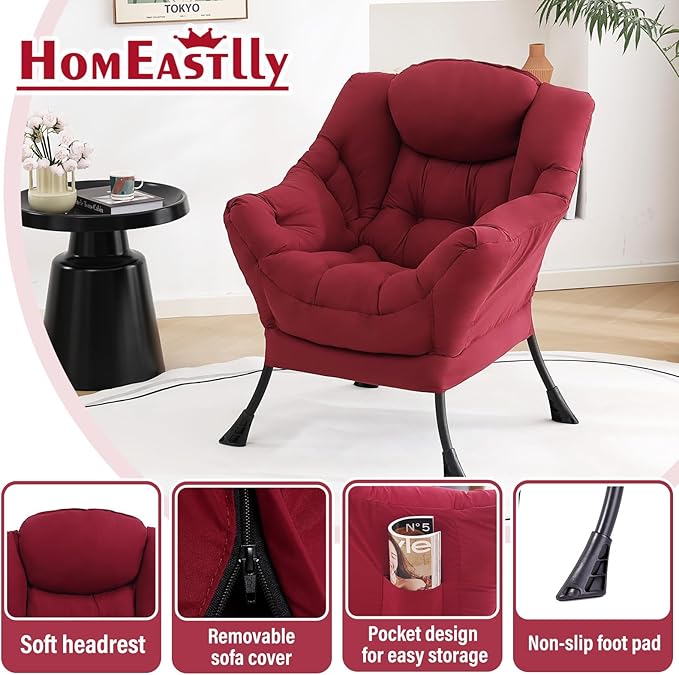 Lazy Chair, Large Accent Chair, Modern Comfy Armchair, Burgundy Chair for Living Room Bedroom Dorm Room Office Apartment Reading Relaxing Use