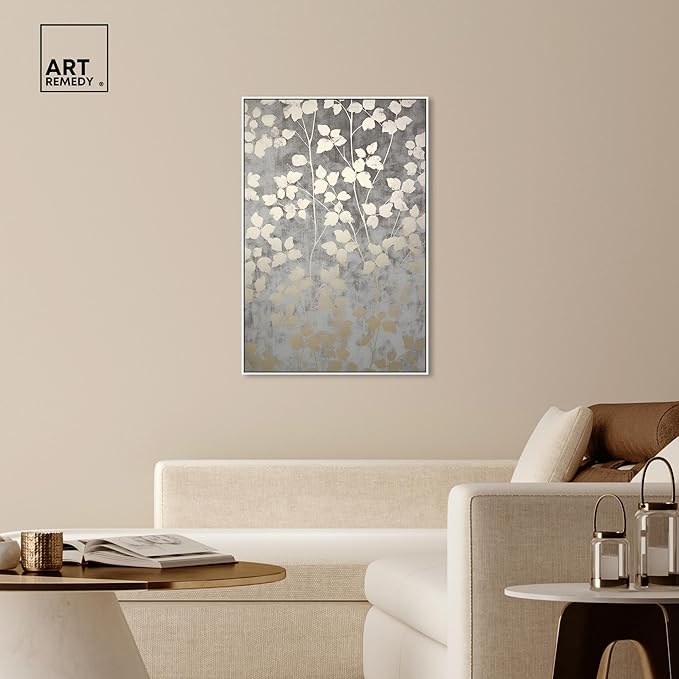 Art Remedy Silvery Gray Garden Canvas Elegant Floral Wall Art, White Frame, 30" x 45"