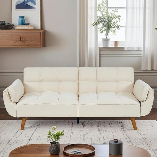 Convertible Futon Sofa Bed, Modern Futon Couch with 2 Pillows, Small Futons Couch with Adjustable Armrest & Backrest, Loveseat Sofa Bed for Living Room, Bedroom, Beige