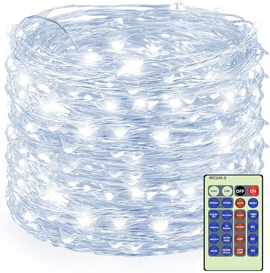 Decute 300Led 99FT Silver Wire Christmas Fairy String Lights Dimmable with Remote Control Starry Lights with UL Cerficated Decorative for Party Wedding Bedroom Christmas Tree Cool White