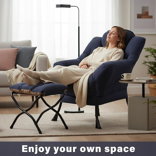 Cozy Lazy Chair and Ottoman, Large Navy Contemporary Accent Chair Set, Modern Leisure Upholstered Reading Armchair for Bedroom, Living Room, Dorm Rooms, Office, Balcony