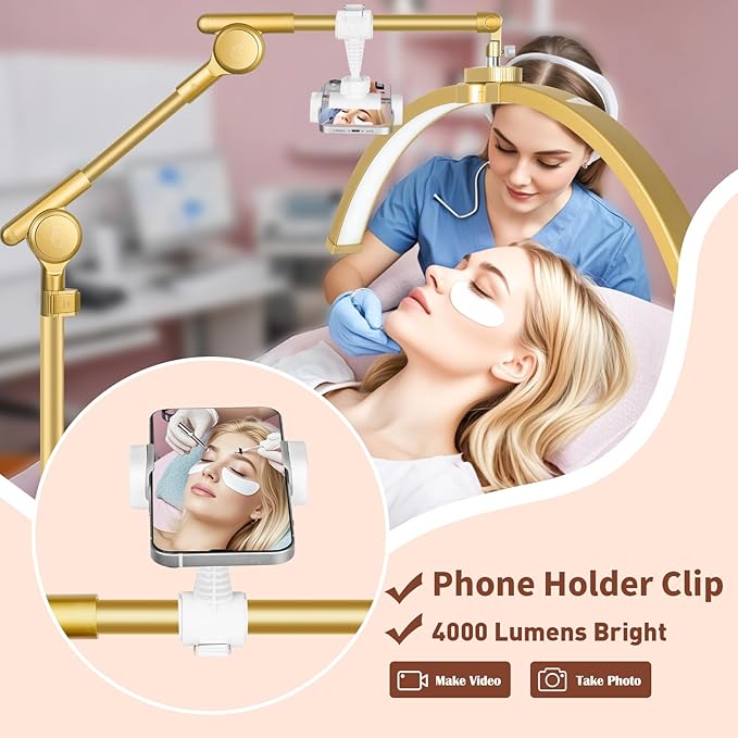 HITTI Half Moon Eyelash Extension Light, 4-Wheel Rolling Base, 3 Color Modes, Adjustable Brightness & Phone Holder 2026 LED Lash Tech Lamp for Beauty, Tattoo Artists, Skincare, SPA, Crafts - Glod