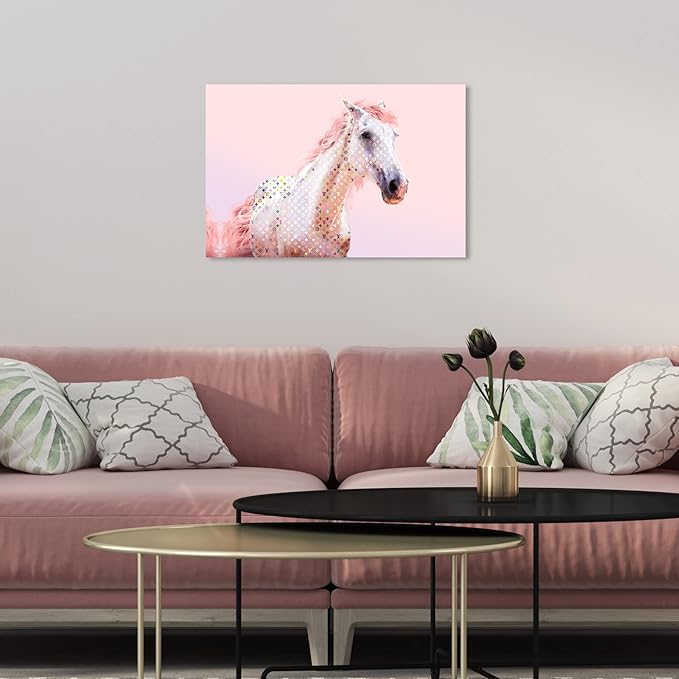 Country Farmhouse Canvas Print Painting Animal Wall Art 'Pink Glam Horse' Unframed Gallery Wrapped Canvas Rustic Home Décor 15x10 in Pink, White by Oliver Gal