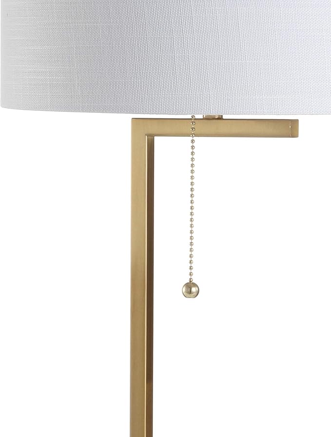 JONATHAN Y 24.5" Brass Gold/White Marble Modern Table Lamp for Bedroom, Linear Desk Lamp for Living Room Office, White Linen Drum Shade, Pull Chain, LED Bulb Included JYL1043A