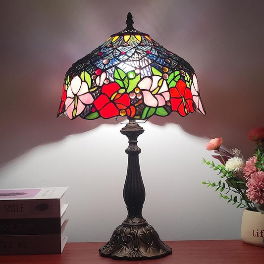Tiffany Lamp Stained Glass Table Lamp Tiffany Style 3-Way Vintage Beside Reading Light 12 inch Flowers Style Antique Nightstand Light (Red Pink Flowers)