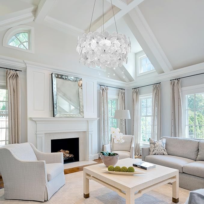 Elegant LED Crystal Chandelier 20'' Chrome Contemporary Flower Flush Mount Dimmable Chandelier Light Fixture with Remote Control for Living Dining Room Entryway Kitchen Bedroom(3000K-6500K)