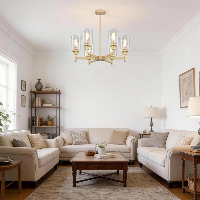 6 Light Gold Chandelier, Farmhouse Chandeliers for Dining Room Light Fixtures Over Table, Hanging Lighting Fixture with Clear Glass Shade for Kitchen Island Living Room Bedroom