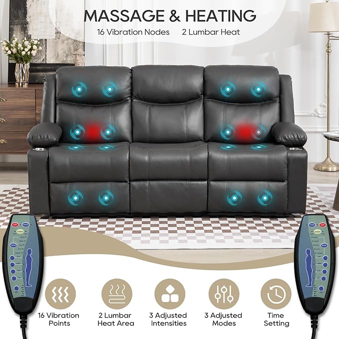 Manual Reclining Sofa - 3 Seat Recliner Sofa with Heat & Massage Function, Wall-Hugger Reclining Sofa for Living Room (Grey) | Cup Holder, Side pocket