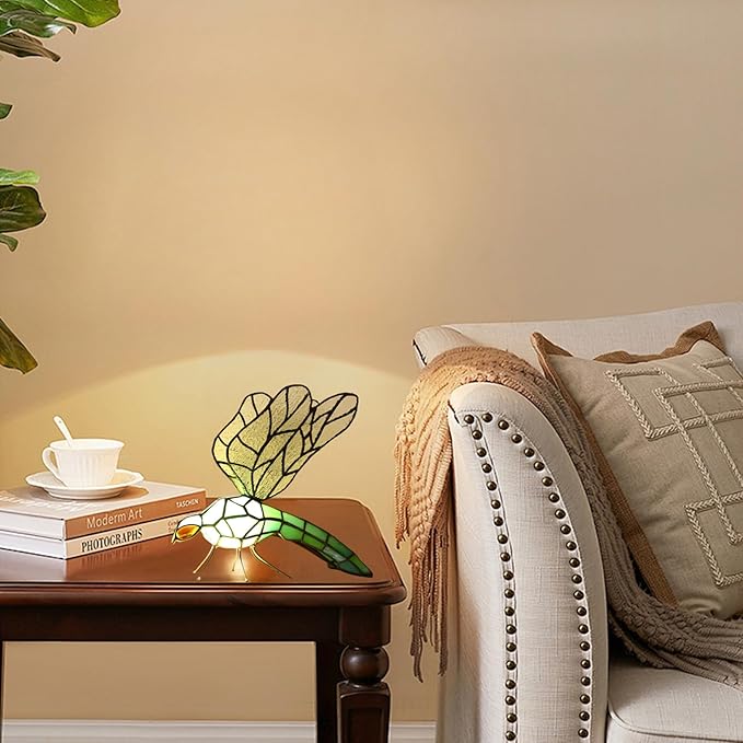 Tiffany Table Lamp Green Dragonfly Stained Glass Bedside Nightstand Night Light,3 Color-Temperature,Handcrafted Light for Living Room,Bedroom+LED Bulb,Home Decor Gifts