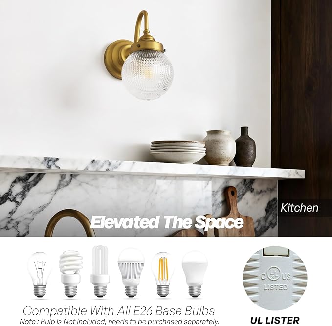 Curved Arm Wall Sconce Lighting with Clear Ribbed Glass Globe Shade, Vintage Brass Bathroom Wall Light Fixtures for Kitchen Living Room Bedroom Farmhouse