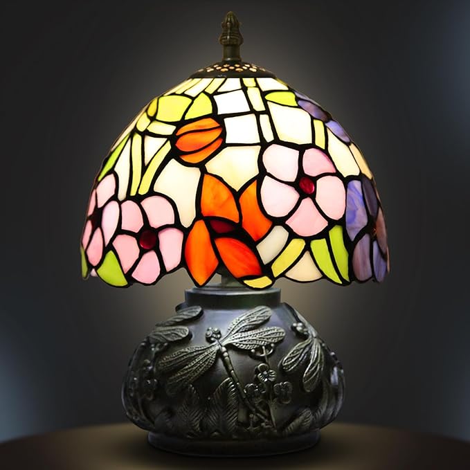 Small Tiffany Table Lamp,Stained Glass Lamp,8 Inch Mushroom Style Mini Vintage Desk Lights for Bedside, Bedroom,Nightstand,Living Room,3 Color Temperature (Four Leaf Flowers)