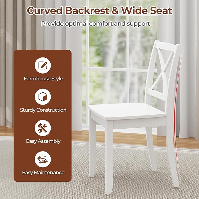 Giantex Wood Dining Chairs Set of 2, Armless Kitchen Chair w/Rubber Wood Legs & Curved Backrest, Farmhouse Cross Back Diner Chair, Wooden Side Chairs for Home Dining Room, Load 400 LBS, White