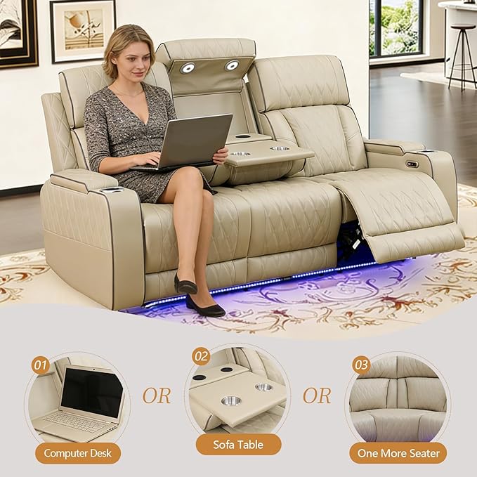 Power Leather Reclining Sofa with LED Light,Double Recliner Sofa with Drop Down Coffee Table/USB Port/Storage,3 Seater Leather Couch for Living Room Furniture Sets(3 Seats,Beige)