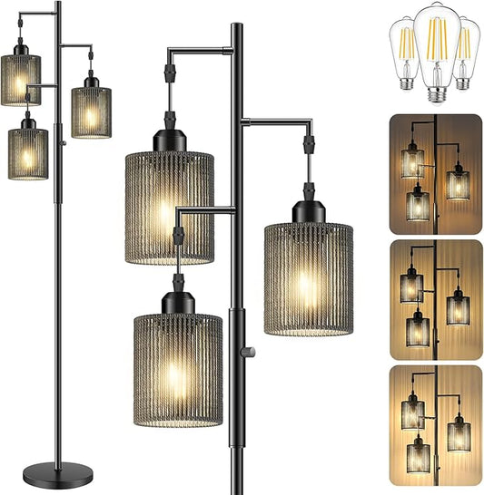 Hotsonic 72" Rattan Boho Floor Lamp, Tall Dimmable Standing Lamp with Handcrafted Black Shades, Industrial Tree Floor Lamps for Living Room, Bedroom, Study Room, Office (3 x 800LM LED Bulbs Included)