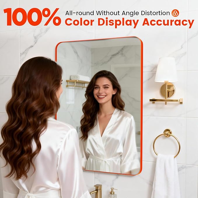 18x24inch Orange Bathroom Mirror Wall Mounted, Matte Aluminum Alloy Frame with Rounded Corners, Shatterproof Tempered Glass, Anti-Rust HD Vanity Mirror for Bathroom, Bedroom, Entryway