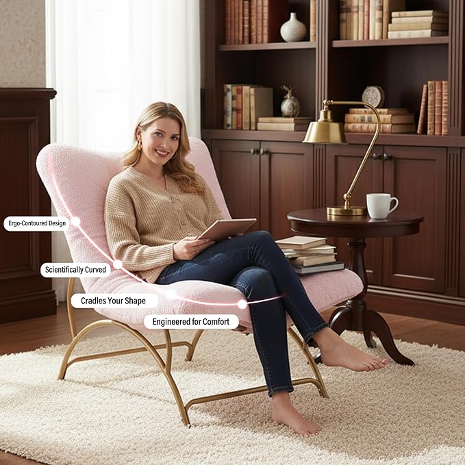 Tiita Accent Lazy Chair, Comfy Lounge Chair with Metal Frame and Plush Fabric, Spacious Seat Cozy Recliner Chair for Reading Room, Living Room, Bedroom, Office, Pink
