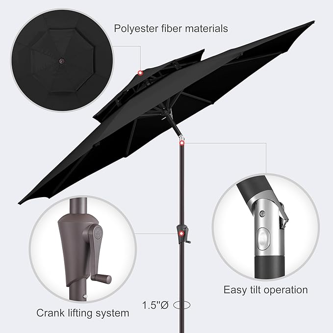 9ft Outdoor Patio Umbrella - 2-Tier Table Umbrella Waterprool UV Protection, Sombrillas de Patio with Push Button Tilt, Sun Umbrella for Pool, Porch, Garden, Backyard (Black)