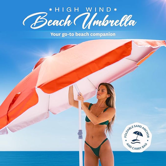 AMMSUN 7ft Heavy Duty High Wind Beach Umbrella with sand anchor Built-in Table Tray Vent Tilt Pole, UPF 50+ Windproof Portable Outdoor Umbrellas Carry Bag for Patio Garden Pool Backyard Red