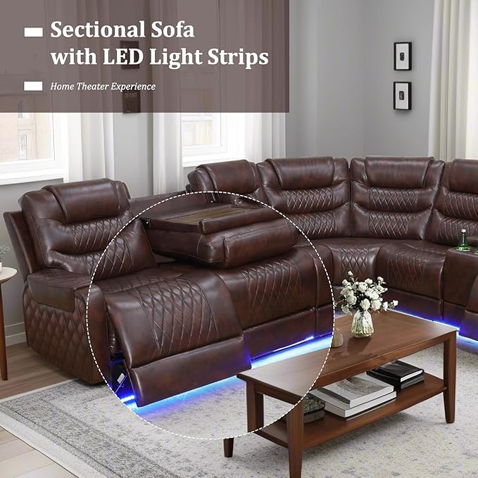 Breathing Leather Reclining Sectional Couch, 6 Seat L Shaped Sofa with 2 Power Recliner Seats, Reclining Sectional Sofa with LED Lighting/USB Port/Cup Holder/Storage (Dark Red)