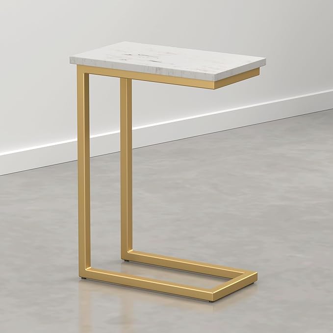 SIMPLIHOME Skyler Metal Table - 18 inch Wide Solid Iron C-Side Table with Genuine White Marble Top in Satin Gold, Contemporary Accent End Table for Living Room or Home Office with Slide-Under Design