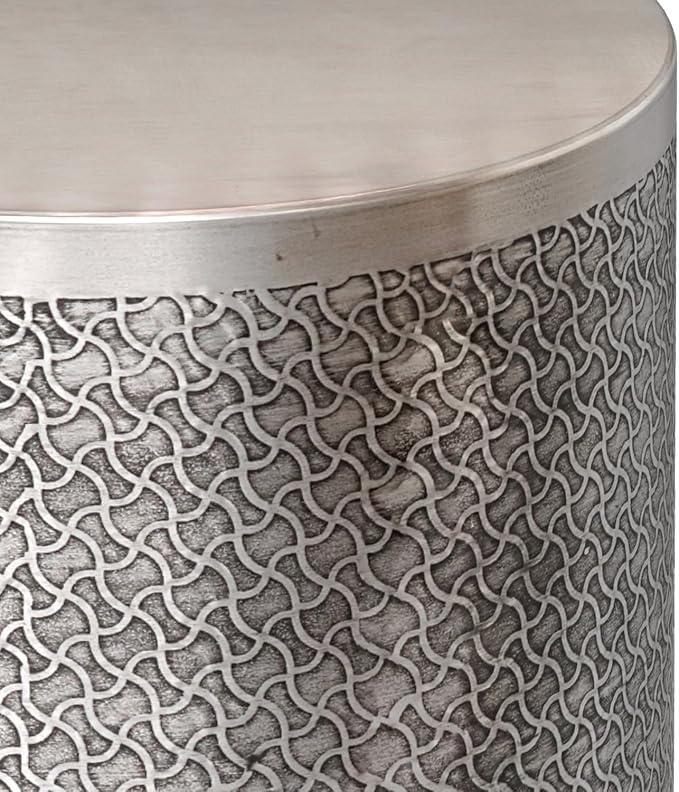 SIMPLIHOME Johnsen Metal Table - 18 inch Wide Solid Iron Round Accent Table in Antique Silver, Boho Side or End Table for Living Room, Bedroom or Family Room with Etched Web Pattern, Assembled