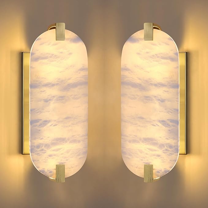 2 Pack 2 Light Oval 12.75" Alabaster Marble Bathroom Wall Sconce Modern Concise Style Wall Light Fixture,Gold Finish for Bedroom Hallway Bedside