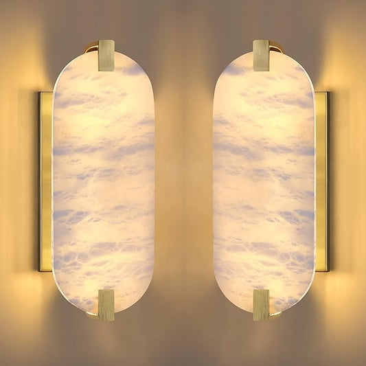 2 Pack 2 Light Oval 12.75" Alabaster Marble Bathroom Wall Sconce Modern Concise Style Wall Light Fixture,Gold Finish for Bedroom Hallway Bedside