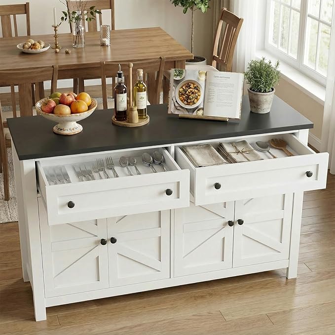 Modern Farmhouse Sideboard Buffet Cabinet 55", Coffee Bar with Adjustable Shelves, Storage Pantry Cabinet for Kitchen, Living Room, Entryway