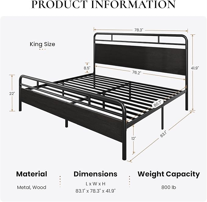 SHA CERLIN King Size Bed Frame with Vintage Industrial Wood Headboard, Heavy Duty Metal Platform with 12" Under-Bed Storage, Mattress Foundation, No Box Spring Needed, Noise-Free, Easy Assembly, Black