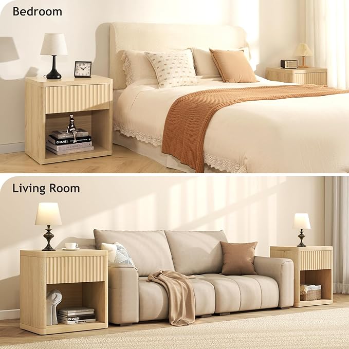 Night Stand Set of 2, Fluted Nightstand with Drawers, Wood Bedside Table with Storage, Bed Side Table Large Nightstands, End Tables Sofa Side Tables Night Stands for Bedroom Living Room