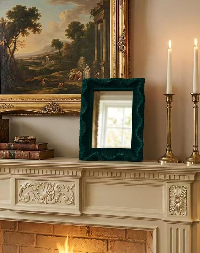 Green Wavy Mirror for Living Room Wall Decor, 14x12 Flocking Hallway Accent Mirror for Bathroom Dining Room Hotel Coffee Book Shop, Aesthetic Room Stylers (Emerald Green)