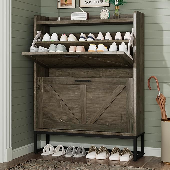Shoe Cabinet, Shoe Storage Cabinet with 2 Flip Drawers & Adjustable Shelf, Space-Saving Shoe Organizer – Holds 16+ Pairs, Narrow Shoe Cabinet Storage for Entryway/Hallway（Grey）
