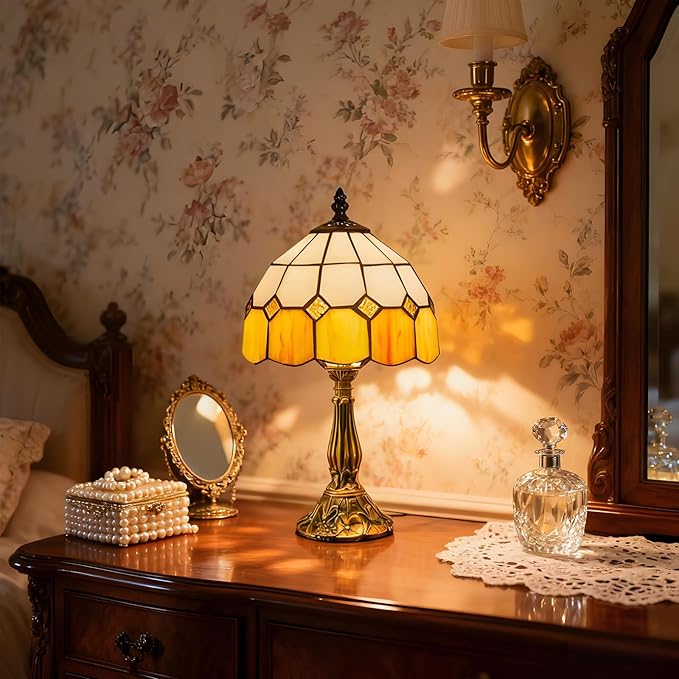 Table Lamp Tiffany-Style 8 Inch Mediterranean Series Stained Glass Lampshades Small Bedside Lamp Reading Antique Desk Light Livingroom Bedroom Office Vintage Art De(Color:Yellow)