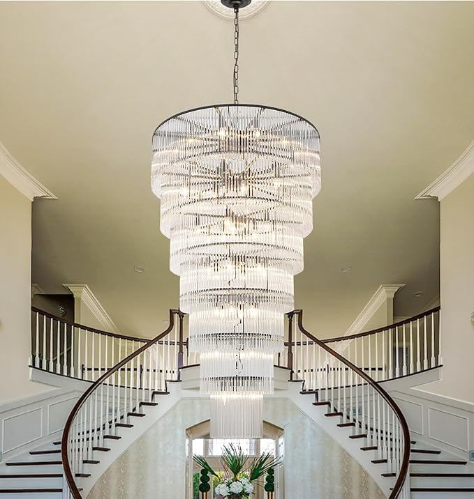 Large Black Chandeliers for High Ceiling H68 7-Tier Glass Chandelier Modern Foyer Entry Lighting Round Light Fixture Ceiling Staircase Villa Living Room Extra Long