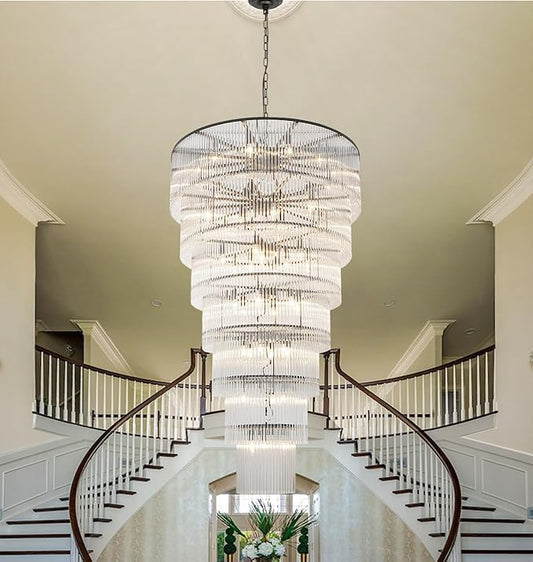 Large Black Chandeliers for High Ceiling H68 7-Tier Glass Chandelier Modern Foyer Entry Lighting Round Light Fixture Ceiling Staircase Villa Living Room Extra Long