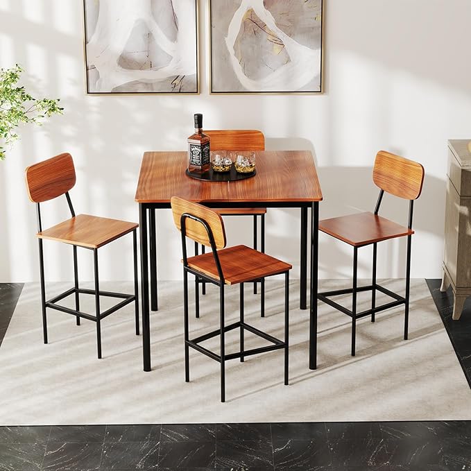 GOFLAME 5-Piece Dining Table Set for Small Space, Kitchen Table and Chairs Set for 4 with Steel Frame, Square Breakfast Table Set, Industrial Counter Height Table Set for Home Restaurant, Walnut