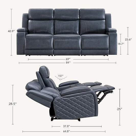 Watson & Whitely Genuine Leather Power Recliner Sofa, 3 Seater Zero Gravity Reclining Couch with Power Headrest & Flip Middle Backrest Table, Hidden Storage, Cup Holders for Living Room, Navy Blue