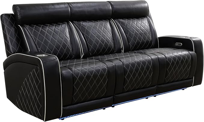 Breathing Leather Power Reclining Sofa, Living Room Furniture with 2 Recliners, 3 Seater Leather Couch with Flip-Down Table/USB Charging for Office/Home Theater (Black New, 3-Seat Sofa)