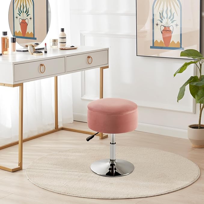 Adjustable Ottoman Stool Pink Vanity Stool Vanity Chair for Makeup Room Stool Chair for Vanity Stool with Storage Makeup Stools with Storage Swivel Makeup Chair for Bathroom Velvet