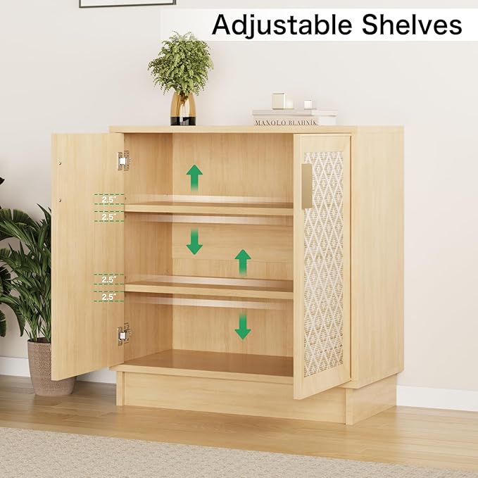 Sideboard Buffets Storage Cabinet, Boho Rattan Accent Cabinet with Doors, Farmhouse Buffet Console Table Coffee Bar for Entryway Kitchen Dining Room, Floral Rattan