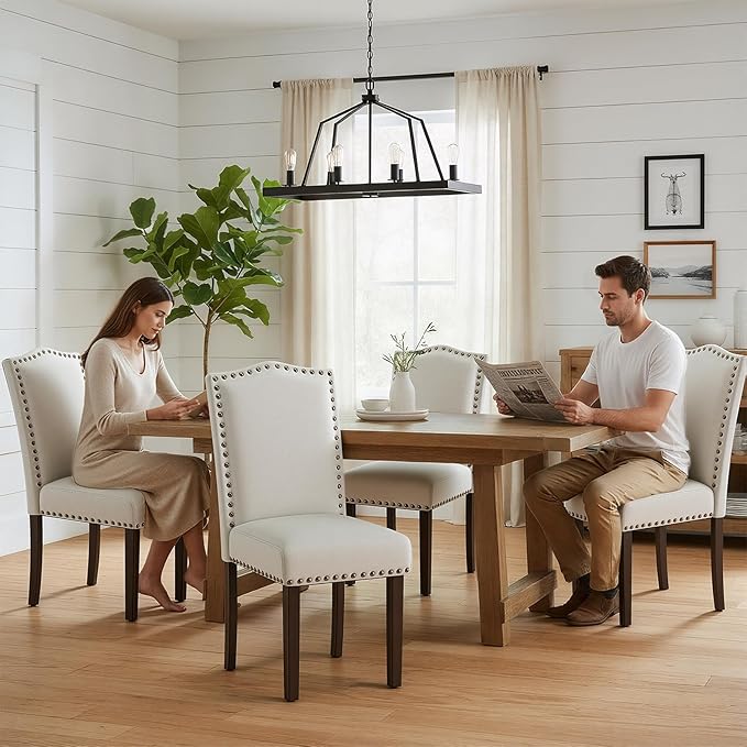 Dining Chairs Set of 6, Soft Comfortable Upholstered Parsons Dining Chairs with High-Density Cushion, Solid Wood Legs & Nailhead Trim, Ideal for Dining Room, Kitchen, Living Room – Beige