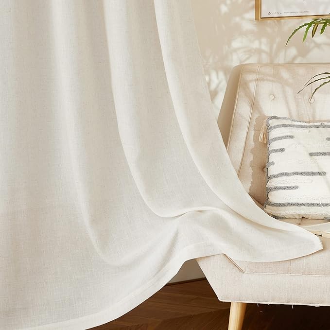 NICETOWN Linen Curtains 90 inches Long, Rod Pocket & Back Tab Semi Sheer Flax Linen Burlap Window Treatments Privacy with Light Filtering for Doorway/Living Room, Natural, W42 x L90, 2 Pieces