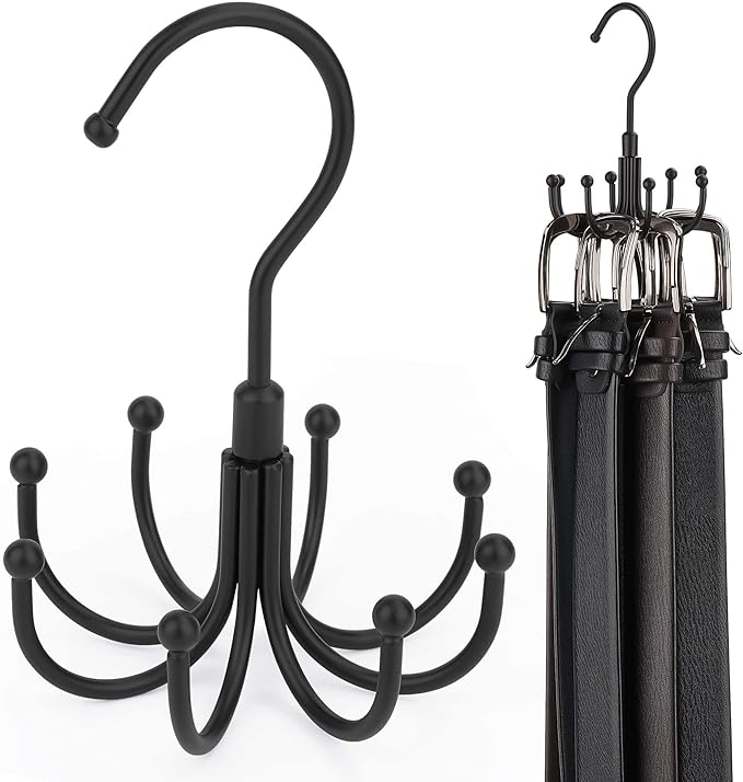 ZEDODIER Belt Organizer for Closet, Heavy-Duty Rotating Belt Hanger Rack Holds up to 24 Belts, Hanging Space Saving Metal Belt Holder for Closet Storage, Black