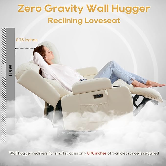 IPKIG Power Recliner Sofa with Flip-Up Backrest Console, USB & USB-C Ports, AC Outlet, LED Lights, Wall Hugger Recliners for Living Room, RV (Off Withe, 89" - 4 Seat) | Faux Leather, Zero Gravity, Dual Reclining, 2 Lumabr Pillow, Bluetooth Speakers