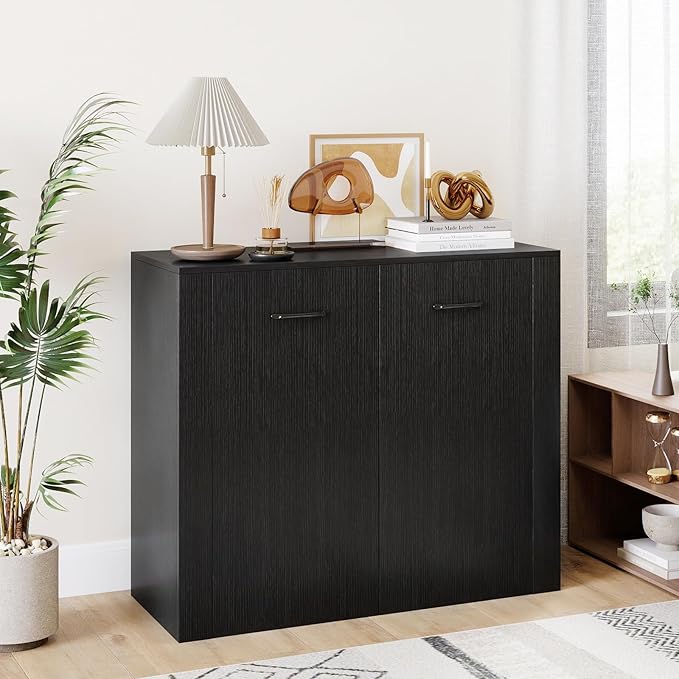 Giantex Modern Storage Cabinet, 38" Credenza with 2 Doors and 4 Cubic Shelves, Anti-Tipping Device, Sturdy Metal Hings, Wooden Sideboard Cabinet for Living Room, Kitchen, Entryway, Black