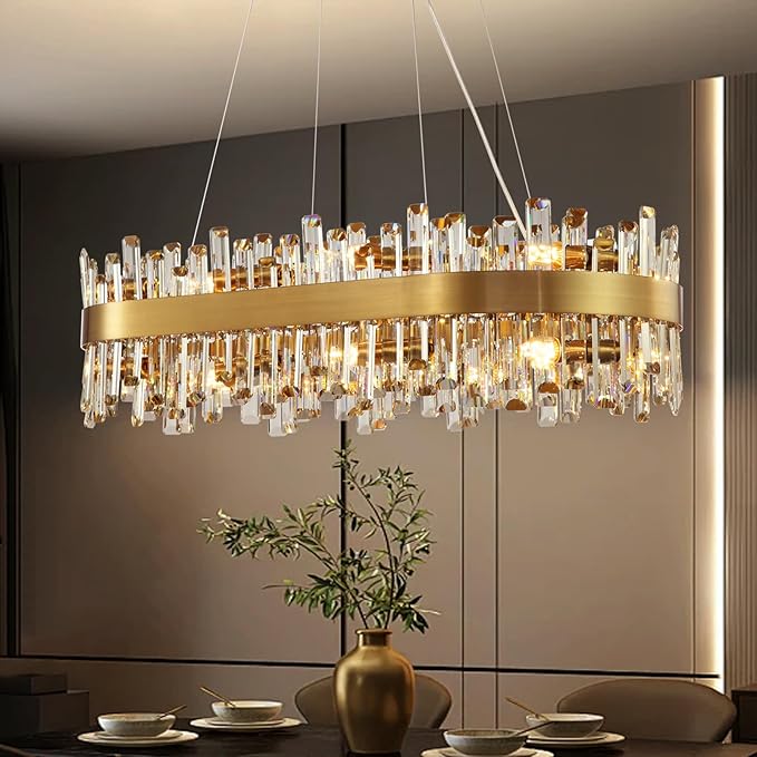 CROSSIO Modern Crystal Chandelier, 16-Light Rectangular Gold Crystal Chandelier for Dining Room, Luxury Oval 2-Tiers K9 Crystal Flush Mount Pendant Ceiling Light for Living Room Kitchen Island L35.4''