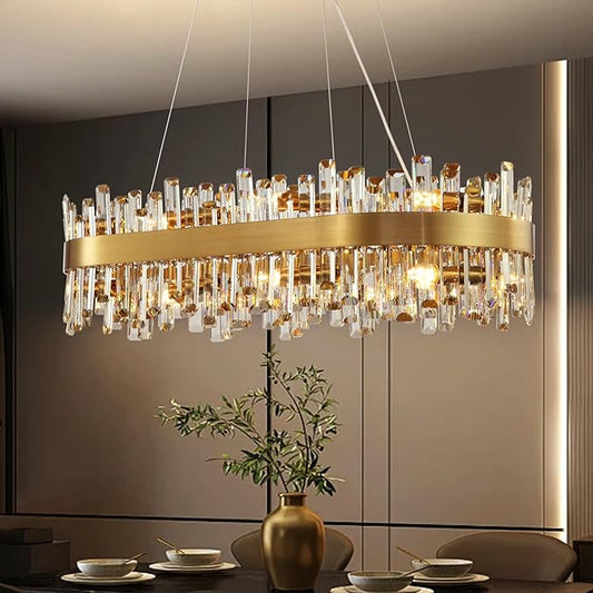 CROSSIO Modern Crystal Chandelier, 16-Light Rectangular Gold Crystal Chandelier for Dining Room, Luxury Oval 2-Tiers K9 Crystal Flush Mount Pendant Ceiling Light for Living Room Kitchen Island L35.4''